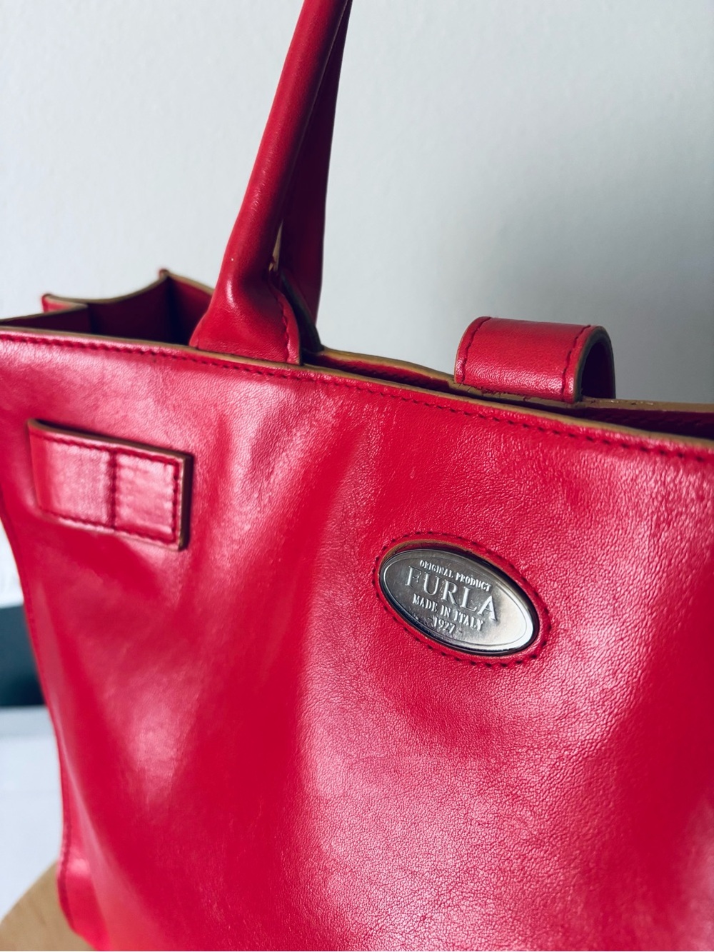 Furla Vintage Italian Cherry Red Leather Tote with Belt-Style Accent - Picture 4 of 9
